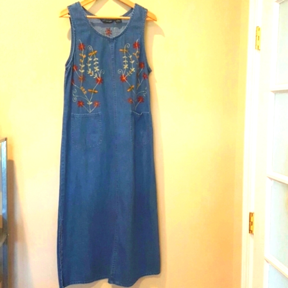 Vintage Long Denim Embroidered Dress 90s M